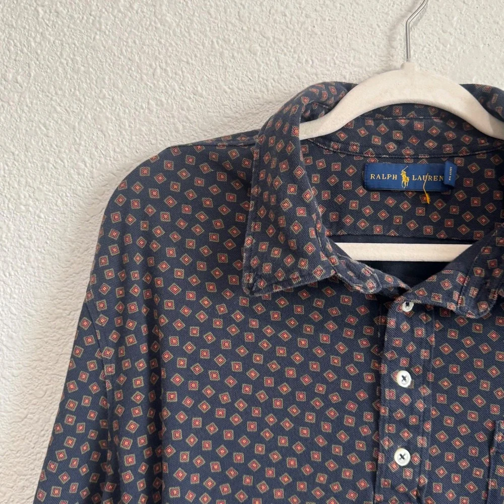 Ralph Lauren Mens XXL Long Sleeve Polo‎ Shirt Navy Geometric Medallion Preppy